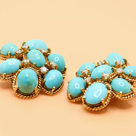 Vintage 18K Gold Family Heirloom Turquoise Diamond Clip On Earrings - Picture 6 of 16